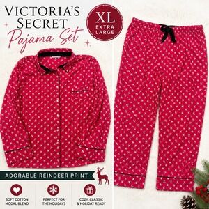 Victoria's Secret XL Pink Reindeer Pajama Set Christmas Modal Lounge Set Holiday